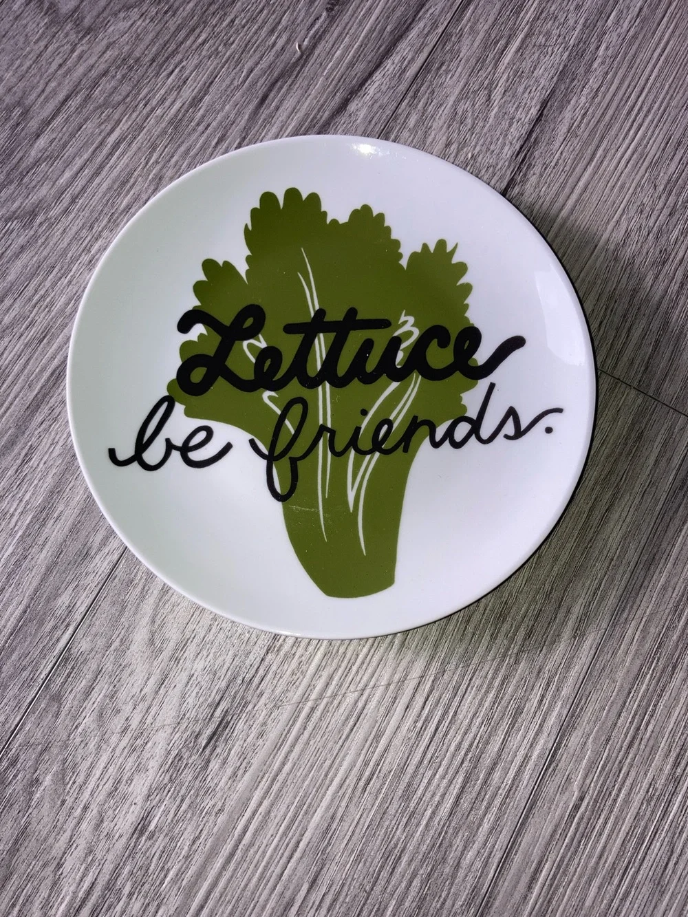 CRATE & BARREL “Lettuce Be Friends” Round Ceramic Appetizer Plate 6.75 inches